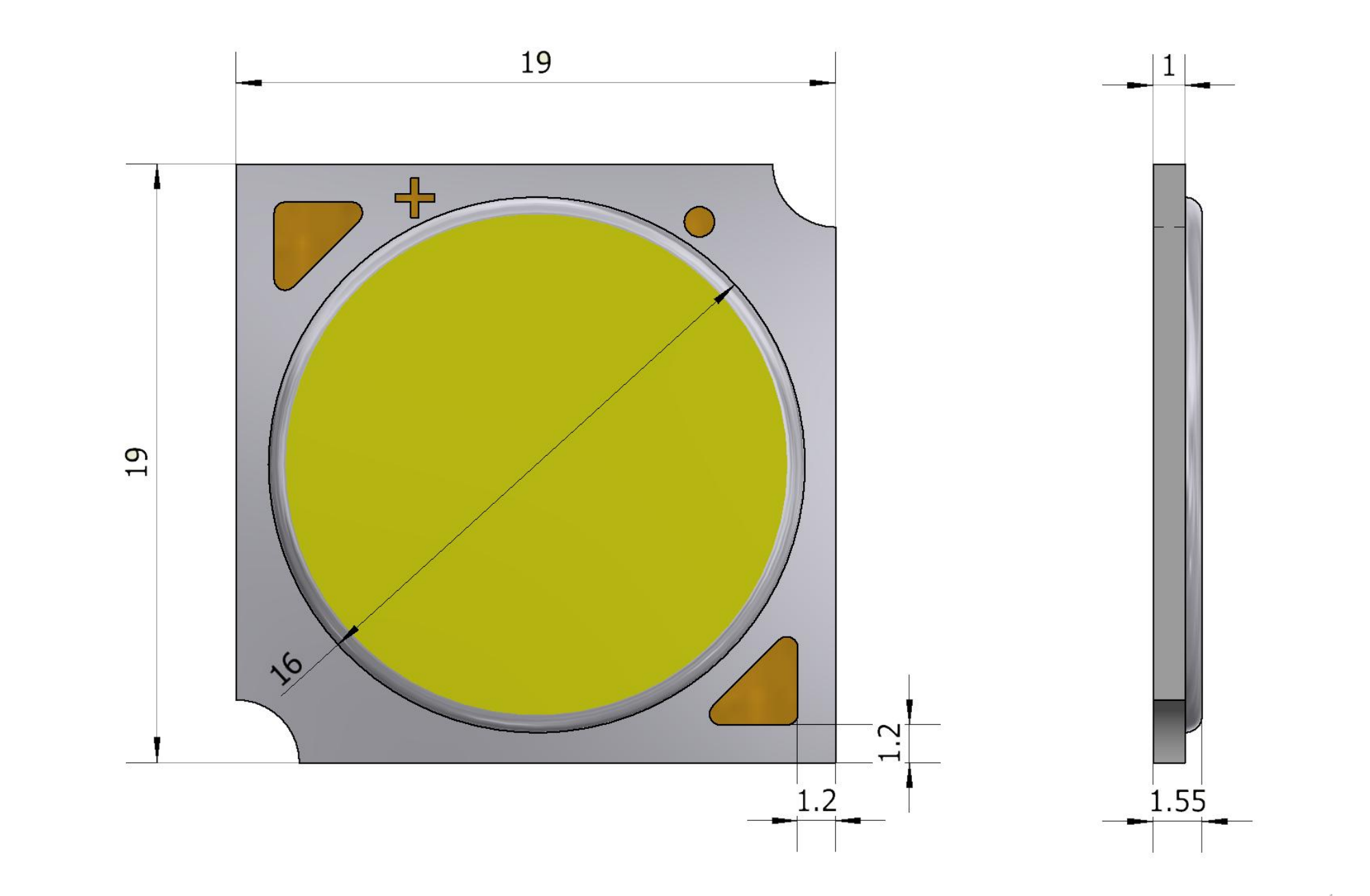 1919 COB LED package dimension drawing showing 19 mm substrate and 16 mm LES