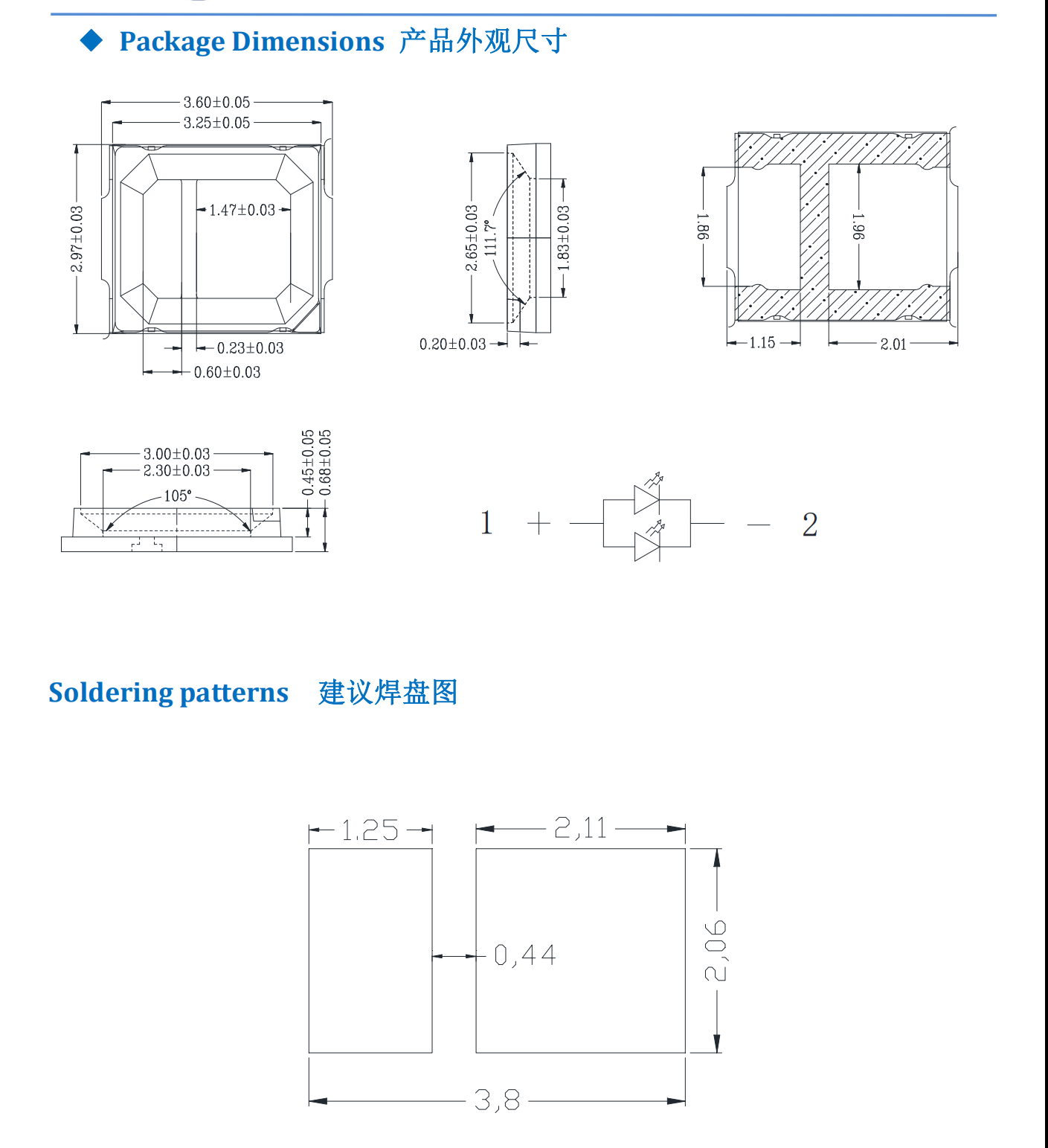 KINGBRIGHT 2835 SMD LED package dimensions and soldering pattern drawing